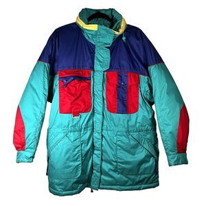 Vintage 90s Eddie Bauer Down Jacket Ski Snow Large Green Blue Red Puffer CLEANED
